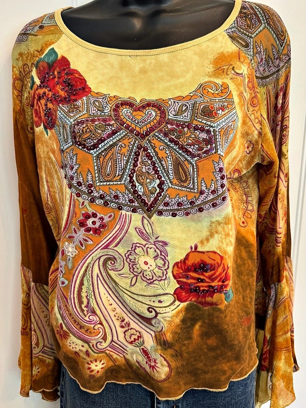 Alexandria Pierce Women’s L Paisley Floral Embellished Top Boho Y2K Bell Sleeve